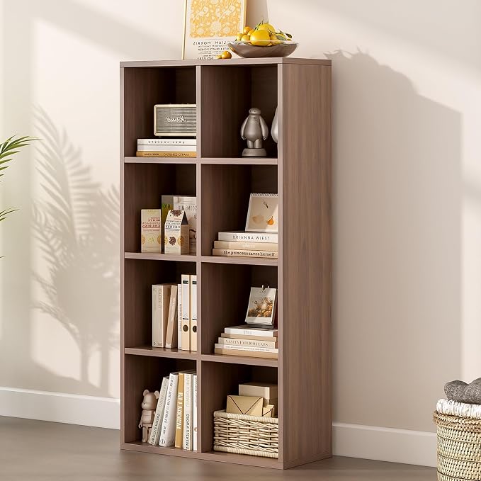 8-Cube Storage Shelf Bookcase, Walnut | Wooden 4-Tier Open Bookshelf, Fits 11×11" Bins, Vertical or Horizontal Use, Full Back Panels, For Home Office
