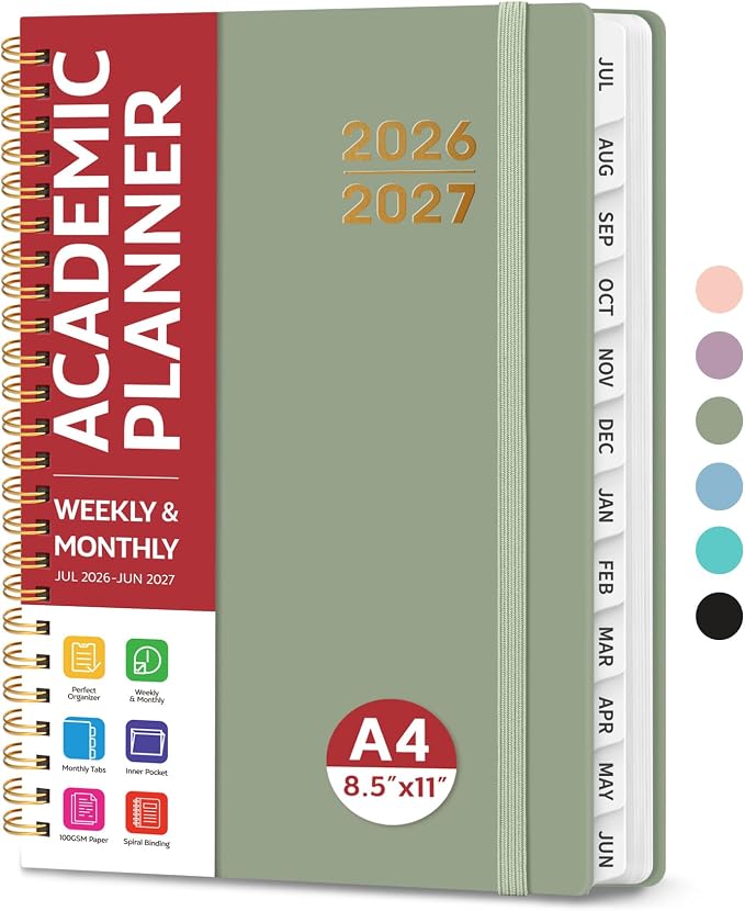 Taja Planner 2026-2027, Jul 2026-Jun 2027 Monthly & Weekly Calendar Book | 8.5" x 11", Hardcover Academic Calendar with Tabs, Teacher Student Agenda Book for School Office Supplies - Green
