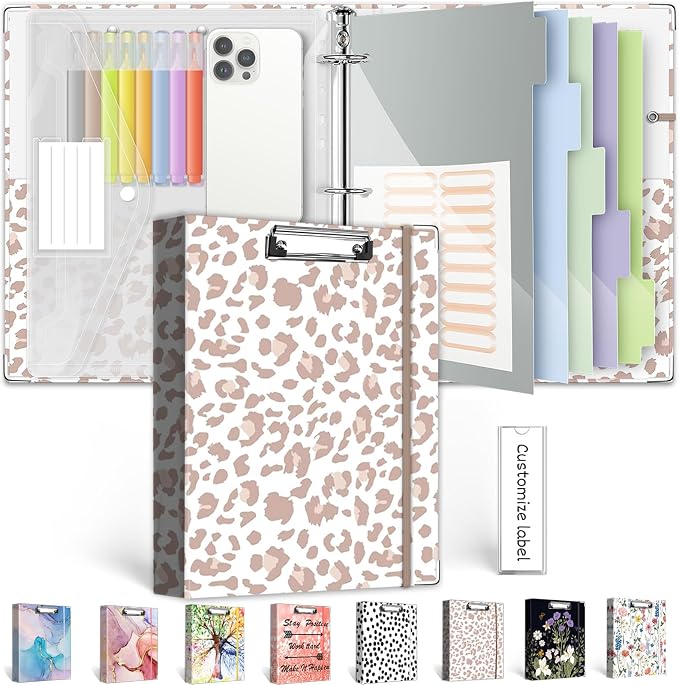 3 Ring Binder 1 Inch for 8.5"x11" Paper, Three Ring Binders with Clipboard, 5 Dividers with Tabs and Pockets, Transparent Folder, 18 Divider Stikers, BVSSX Decorative Binder with Pen Holder,Leopard