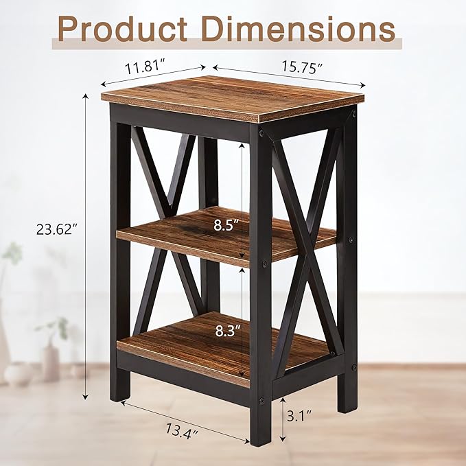 VECELO End Table Set of 2, Bedside Table, 24" Tall Living Room End Tables, X-Design Reinforced Nightstands, Side Table with 3-Tier Storage Shelves for Small Spaces, Office, Bathroom, Bedroom, Brown
