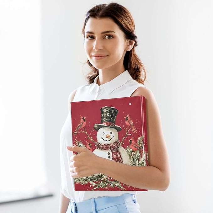 Christmas Snowman Xmas Birds Red 3 Ring Binder 1.5" Decorative D-Ring Binder with Clipboard&3 Clear Pockets, Holds 200 Sheets A4 Size Paper Waterproof Binders for School Home Office|2 Pack