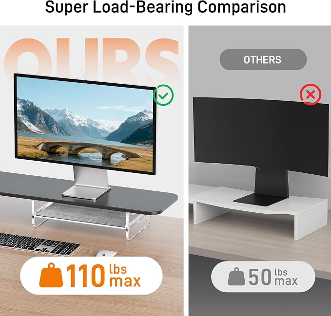 AFOOYO Large Dual Monitor Stand For Desk,43 Inch Desktop Computer Riser with Felt Drawer Acrylic Legs Desk Shelf Organizer For Computer/Laptop/PC/Printer/TV