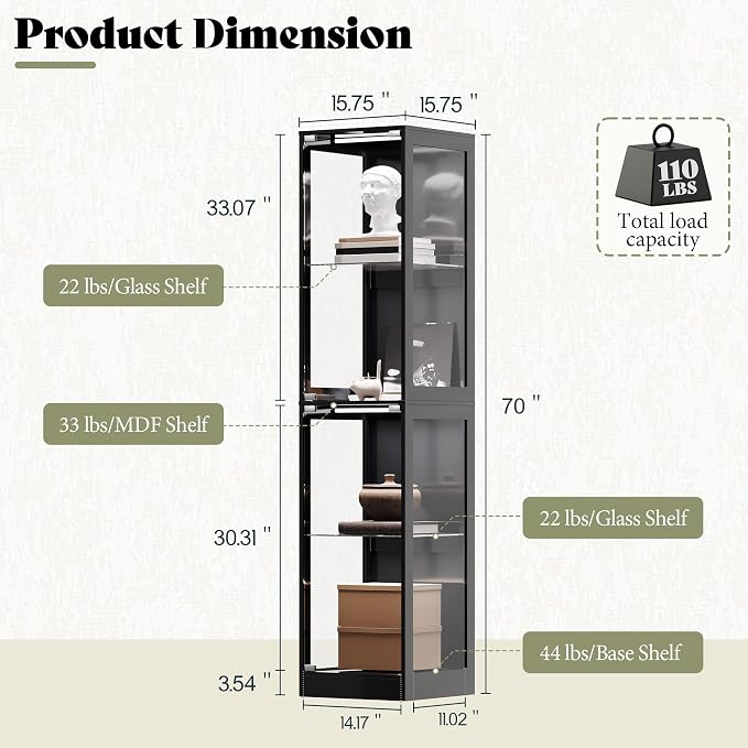 AMERLIFE 16-Inch RGB Display Cabinet | 70 H x 16 W x 16 D In, 4-Tier Storage, Adjustable Shelves, RGB LED Lights, for Collectibles, Black