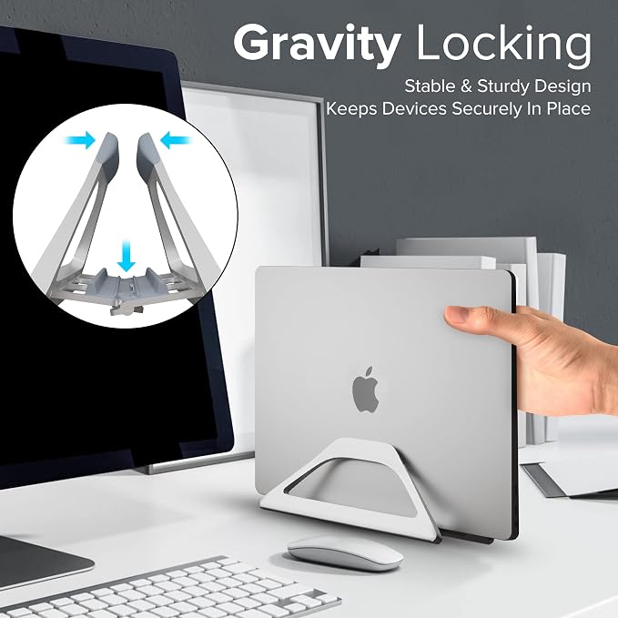 Aluminum Vertical Laptop Stand with Gravity Auto-Lock – Adjustable Laptop Holder Vertical fits MacBook Pro/Air, Chromebook & Gaming Laptops up to 17.3" – Space-Saving Desktop Dock - Silver