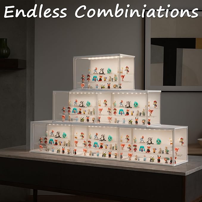 Clear Display Case for Collectibles, 3-Tier Stackable LED Figure Display Case with Magnetic Door, Adjustable Showcase for Models, Miniatures, Jewly (White, 8.8“H-1PC)