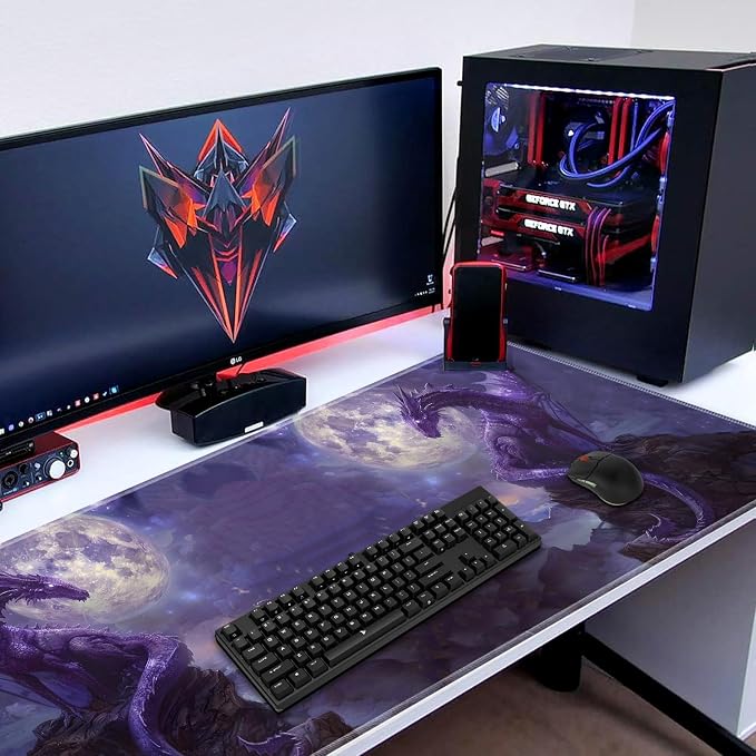 Extended Gaming Mouse Pad 31.5" x 11.8", with Edge Stitching, Non-Slip Rubber Base Keyboard Pad, Suitable for Work, Game, Office, Home and Coasters, Starry Purple Dragon