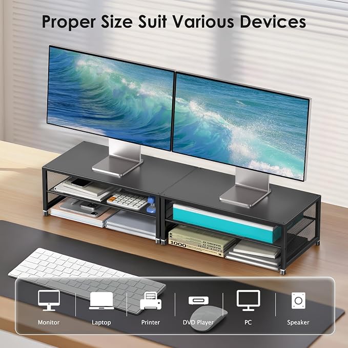 ECOLOVI 2-Tier Computer Monitor Stand Riser, Printer & Laptop Stand, Office Desk Accessories, Workspace Desk Organizer for Home Office Supplies, Black