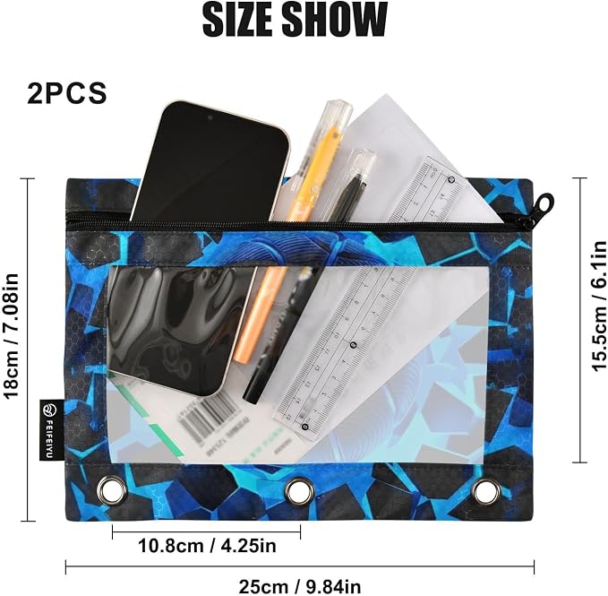 Blue Basketball Pencil Pouch for 3 Ring Binder, 2 Pack Waterproof Pencil Bags Clear Window Pencil Case Zipper School Office Supplies