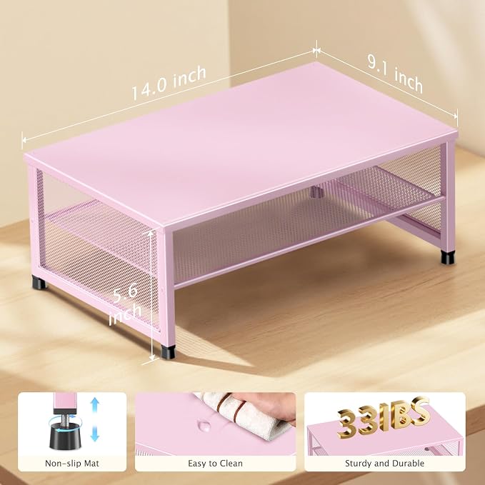 ECOLOVI 2-Tier Computer Monitor Stand Riser, Printer & Laptop Stand, Office Desk Accessories, Workspace Desk Organizer for Home Office Supplies, Pink