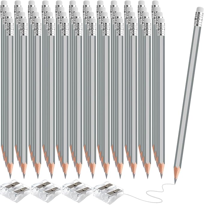 48 PCS Silver Colored Pencils with Eraser Pre Sharpened Pencil 2 HB - Ideal for Checking, Grading, Tests & Office/School Supplies (Silver)