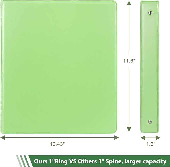 COMIX Sturdy Standard 1 Inch 3 Ring Binder with Clear View Cover | 1"Round Ring,PVC-Free Board,Holds 200 Letter Sheets,Morandi Multicolor for Students & Office,6 Pack (Light Green)