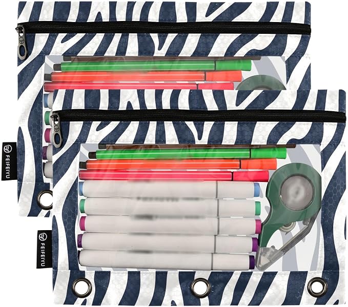 Blue White Zebra Print Pencil Pouch for 3 Ring Binder, 2 Pack Waterproof Pencil Bags Clear Window Pencil Case Zipper School Office Supplies