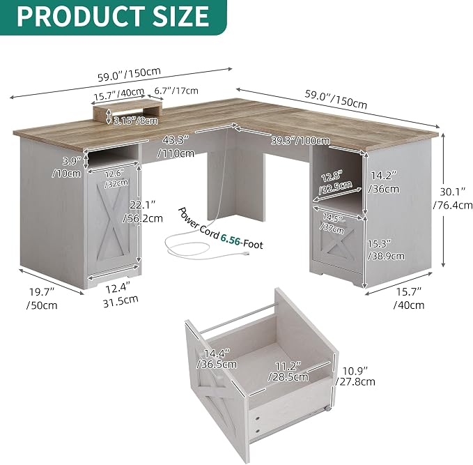 YITAHOME L Shaped Desk with Power Outlets | Computer Corner Desk, File Drawer, Monitor Stand & Storage Shelves, File Cabinet