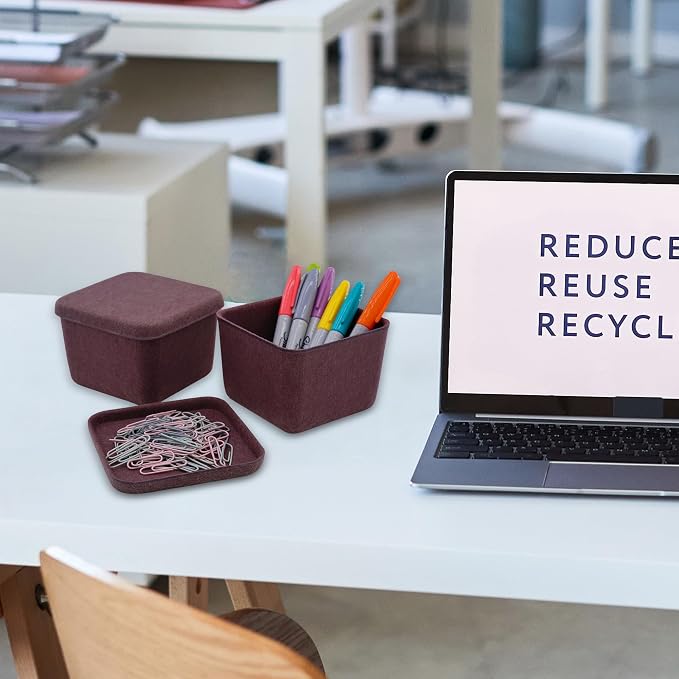 2-piece cubic lidded felt drawer organizer bin desktop stackable storage container with lid decluttering home office for jewelry watch clips binder office supplies (Wild Berry)