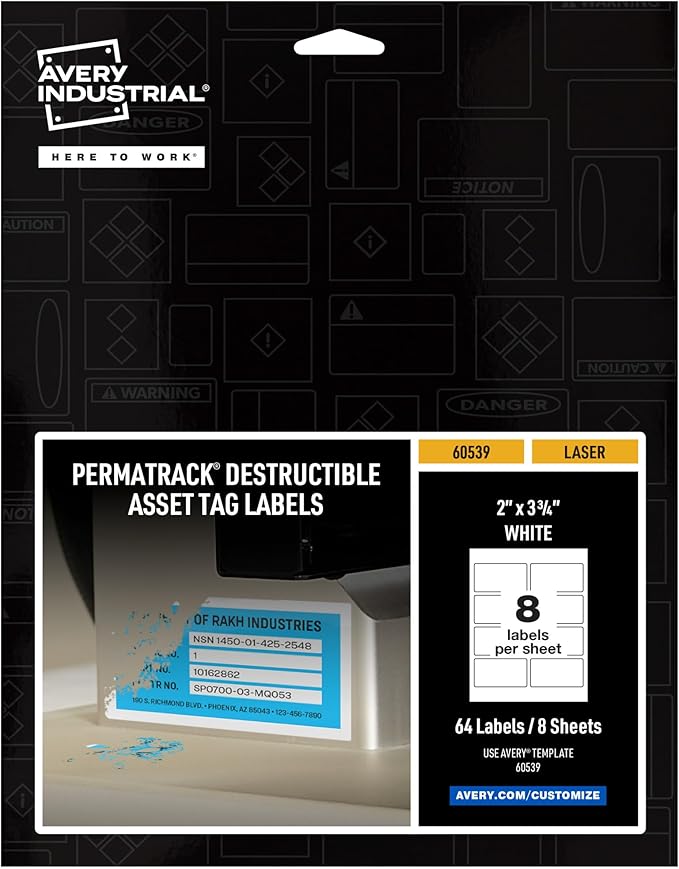 Avery White Asset Tag Labels, 3-3/4" x 2", Destructible Laser Printable Tags, 64 Waterproof Labels (60539)