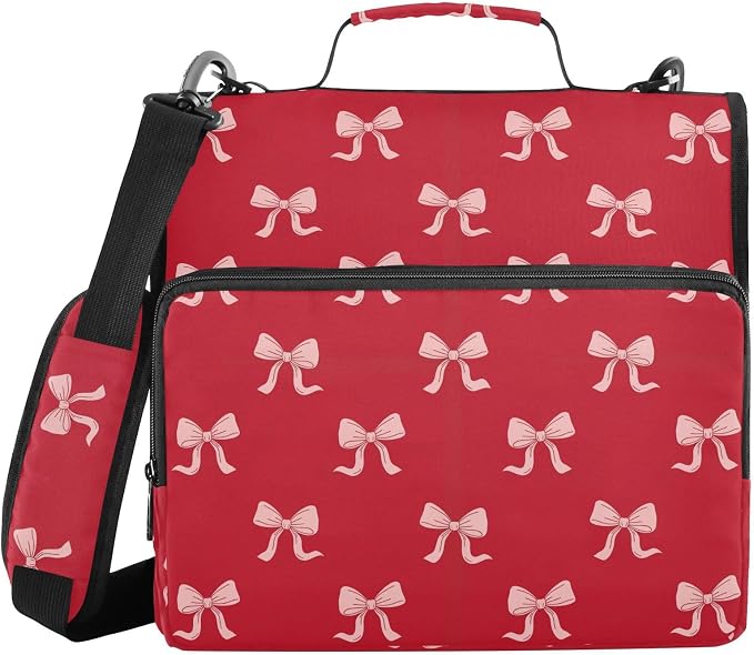 Red Bow Print Zipper Binder Bag 3 Ring with Shoulder Strap & Handle Multi Pocket Binder Organizer Bag Large Capacity for School Office Supplies