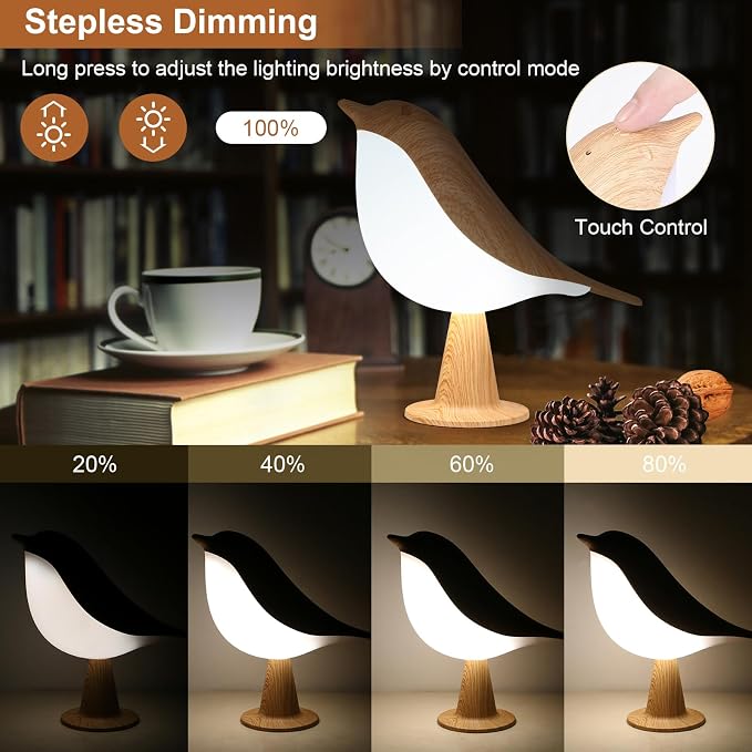 VoMii Bird Desk Lamp, Small Table Lamp Cordless Touch Dimmable Night Light with 3 Color Temperature, Rechargeable Decorative Lamps for Bedroom Bedside Nightstand, Desk Decor, Bird Gifts