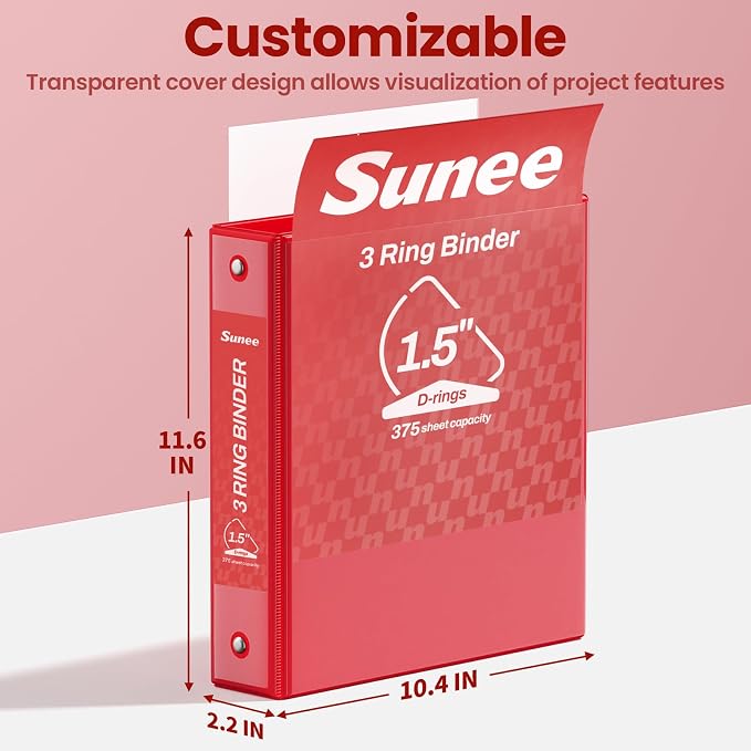 SUNEE 3 Ring Binder 1.5 Inch D Ring, Clear View Binder Three Ring PVC-Free (Fit 8.5x11 Inches) for School or Office Supplies, Dark Red, 1 Pack