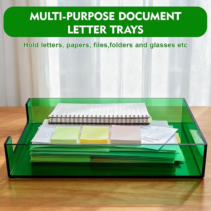 Paper Tray Acrylic File Organizer for Desk Letter Tray Desk Organizer Document Holder Sorter Storage for A4 Office Supplies Magazines, 13.8x10.6x2.4 Inches, Emerald Green