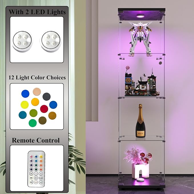 Frameless Glass Display Cabinet, Curio Cabinet Display Case with LED Lights and Lock, Quick-Install Floor Standing Showcase Display Shelf for Collectibles, Legos, Figures, Plants