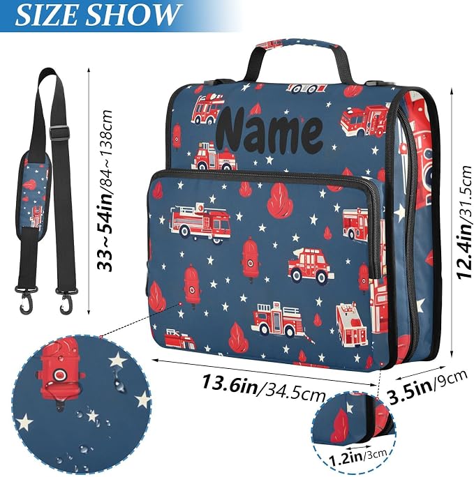 Custom Fire Truck Engine Hydrant 3 Ring Binder Bag 1.5 inch Personalized Name Binder Organizer 500 Sheet Documents Storage for School Office