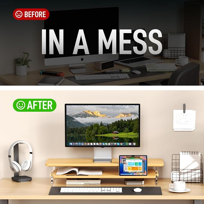 Bamboo Dual Monitor Stand for Desk,31.5 In 2 Tier Computer Riser Organizer | Desk Organizer Adjustable Arylic Feet Computer Monitor Stand, Desk Shelf for Office