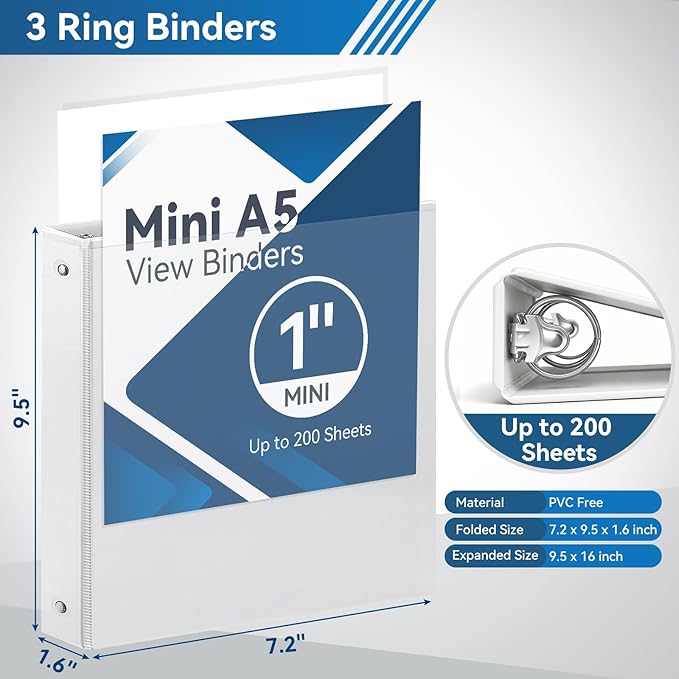 SUIN Mini 3 Ring Binder A5 Size 5.5"x8.5", 1" Round Ring 200 Sheet Capacity, Bulk 6 Pack White Binders for School Office