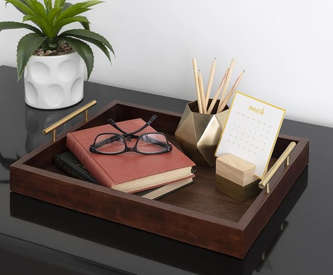 Kate and Laurel Lipton Decorative Wooden Tray with Metal Gold Handles, 16.5" x 12.25", Dark Walnut Brown and Gold