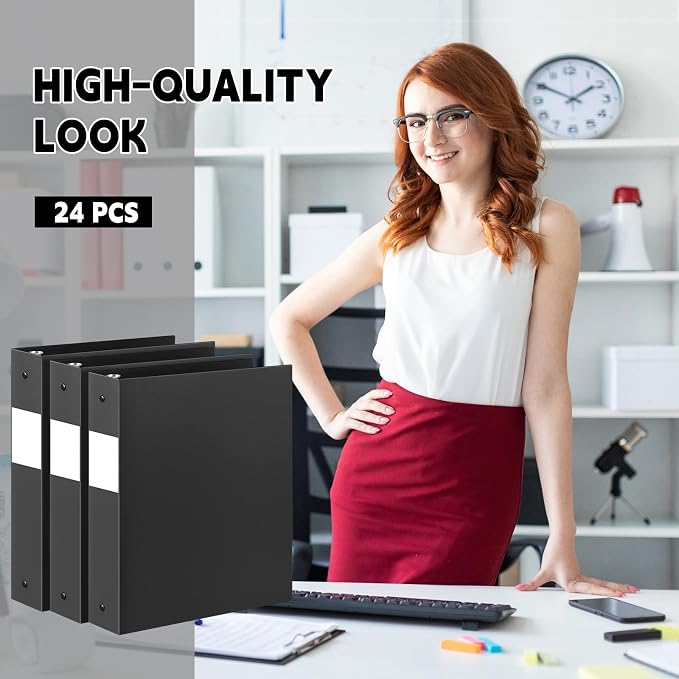 Henoyso 24 Pcs 1.5 Inch 3 Ring Binders, Letter Size,Black | Binders Bulk, Holds 350 Sheets, Round Rings, Durable Flexible PP Plastic Covers, Pockets Labels, School Office Supplies