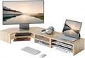 Fenge Dual Monitor Stand, Corner Desk Shelf with Drawer & Slide-Out Tray | Modular Design for Flexible Layouts, 2-Tier Storage Desktop Organizer for Computer, Laptop, Printer and Telephone