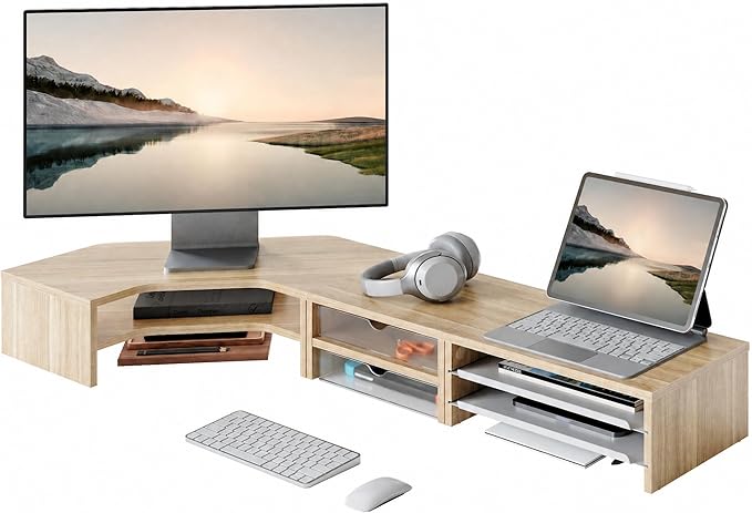 Fenge Dual Monitor Stand, Corner Desk Shelf with Drawer & Slide-Out Tray | Modular Design for Flexible Layouts, 2-Tier Storage Desktop Organizer for Computer, Laptop, Printer and Telephone
