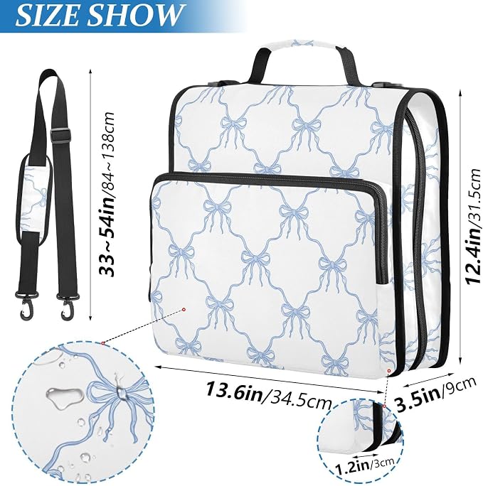 Aslsiy Zipper Binder Bag for Girls Boys Various Blue Bows Ribbon White (1) Kids 1.5 inch 3-Ring Binder Organizer with Shoulder Strap for School Office Supplies