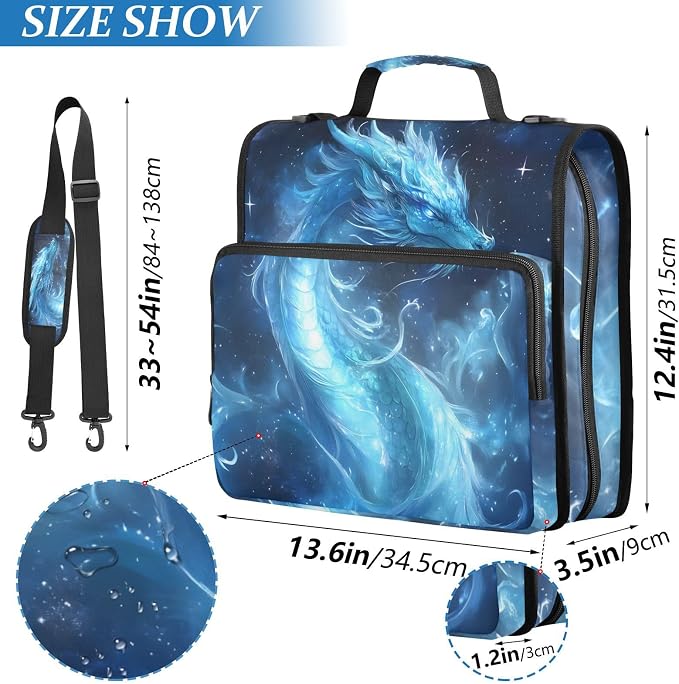 3 Ring Zipper Binder with Shoulder Strap Dragon Galaxy Blue 2 Inch Zippered Binder Bag 500 Sheet Capacity Multi Pockets for School Supplies