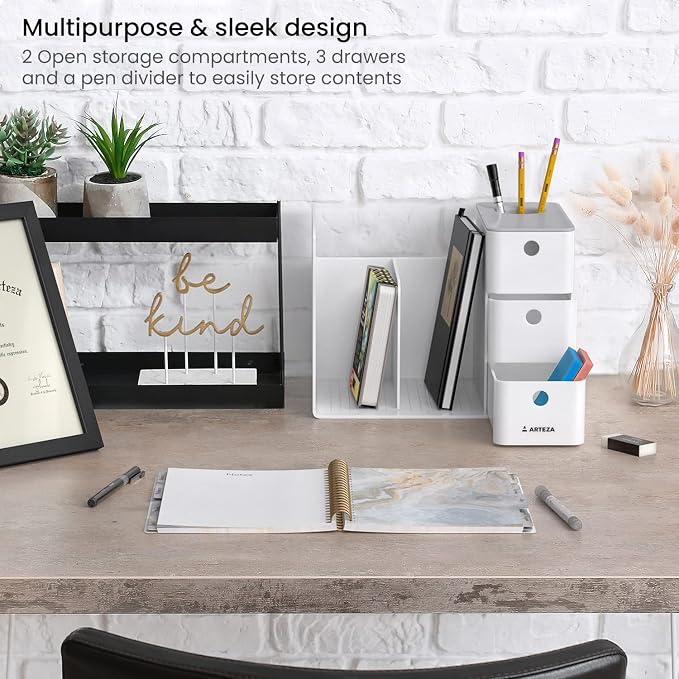 ARTEZA Desktop Storage Rack with Divider – 3 Drawers for Art and Office Supplies, Pencil Holder Organizer for Desk, 11.57 x 8.43 x 8.5 in, Cool Gray