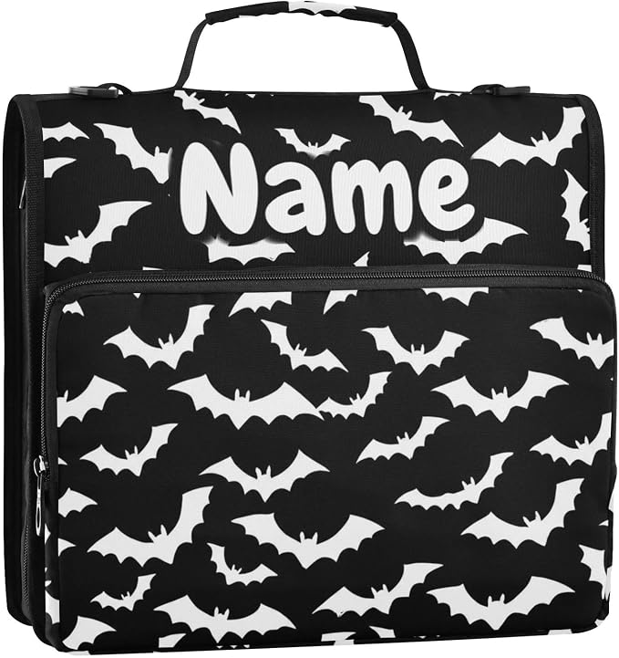 Custom White Bat Black Print 3 Ring Binder Bag 1.5 inch Personalized Name Binder Organizer 500 Sheet Documents Storage for School Office