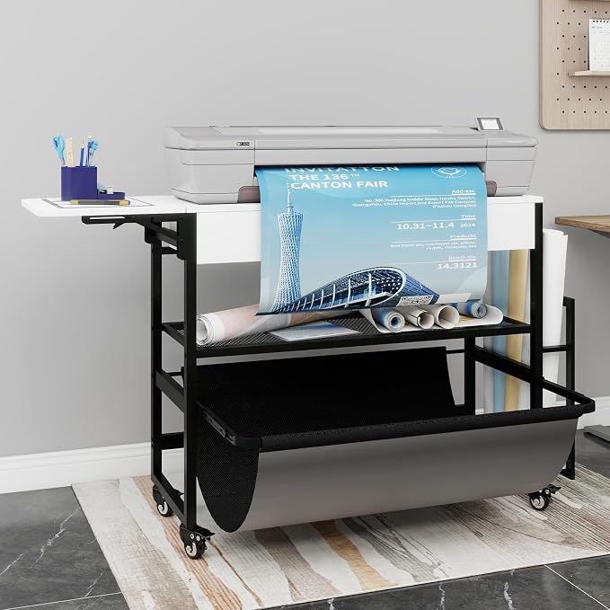 Natwind Wide Format Printer Stand,Plotter Table with Laptop Station,White | Plotter/Cutting Machines Stand, with Pull-out Drafting Collection,Roll Paper Holder,Accessory Drawer & Adjustable Shelf