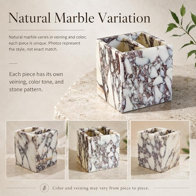 2-Compartment Marble Pen Holder, 3.74 in | Compact 2-section marble holder for pens, makeup brushes, toothbrushes, razors, and slim daily items.