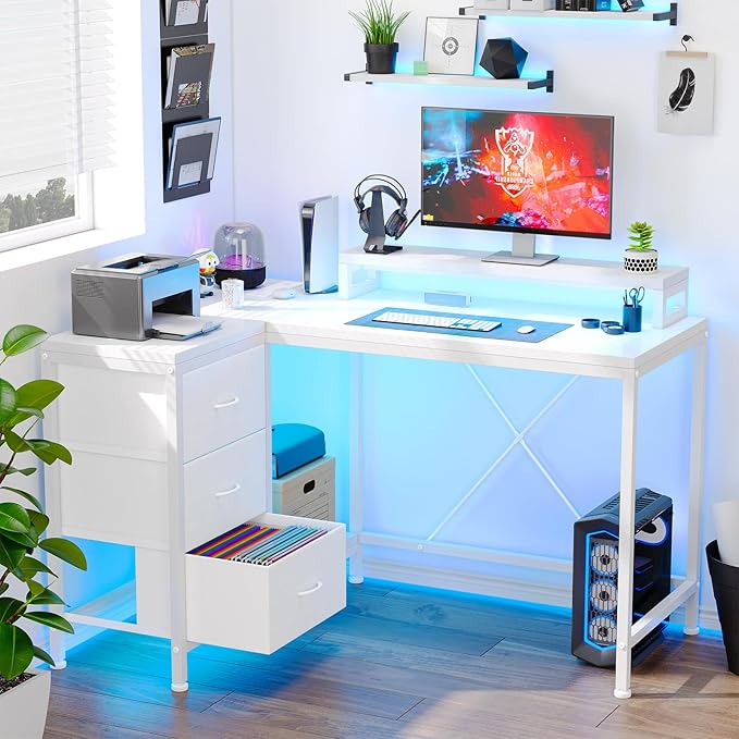 Garvee L-Shaped Computer Desk with Power Outlets & LED Lights - 43-Inch Reversible Corner Gaming Desk with 3 Drawers, Storage Shelves & Removable Monitor Stand, Modern Home Office Desk