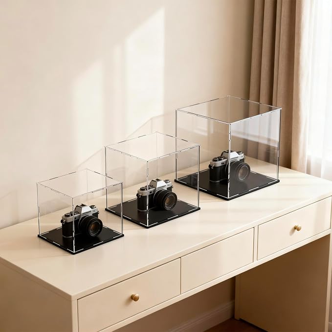 Acrylic Display Case 8x8x8 Inch, Clear Collectible Display Box with Matte Black Base, Dustproof Showcase for Figures, Models, Sports Memorabilia – Easy Self Assembly