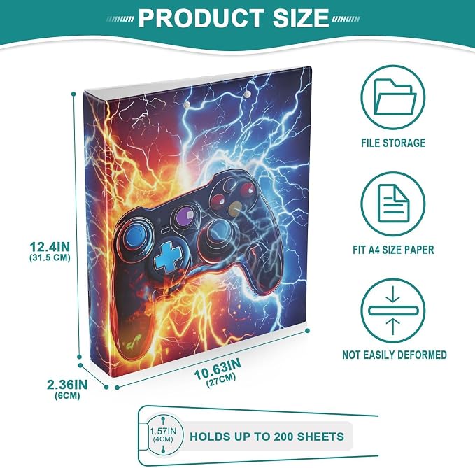 3 Ring Binder Game Controller Fire Electric Spark 1.5 inch Binders Three Ring Binders with Clipboard Fit 8.5'' x 11'' Paper 3 Interior PVC Clear Pockets for Office Supplies