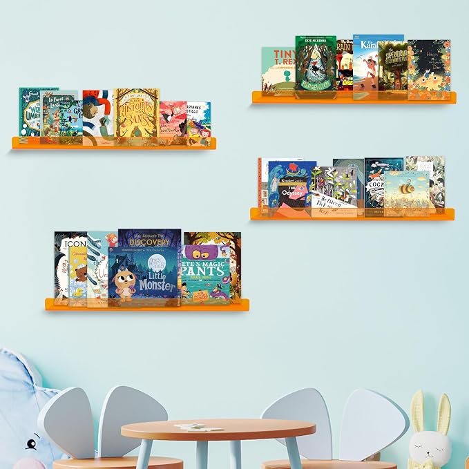Dezzer 4 Pack Acrylic Shelves for Wall, 15" Acrylic Floating Shelves for Bathroom Bedroom, Invisible Bookshelf Wall Ledge Storage Shelf Books Perfume Toys Action Figure Display Shelves, Clear Orange