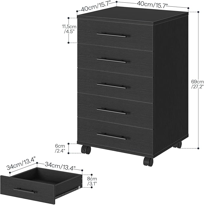 HOOBRO 5-Drawer File Cabinet, Office Cabinet with Drawers, Wooden Storage Cabinet with Wheels for Makeup, Home Office, Study, Easy Assembly, Black BK05WJ01