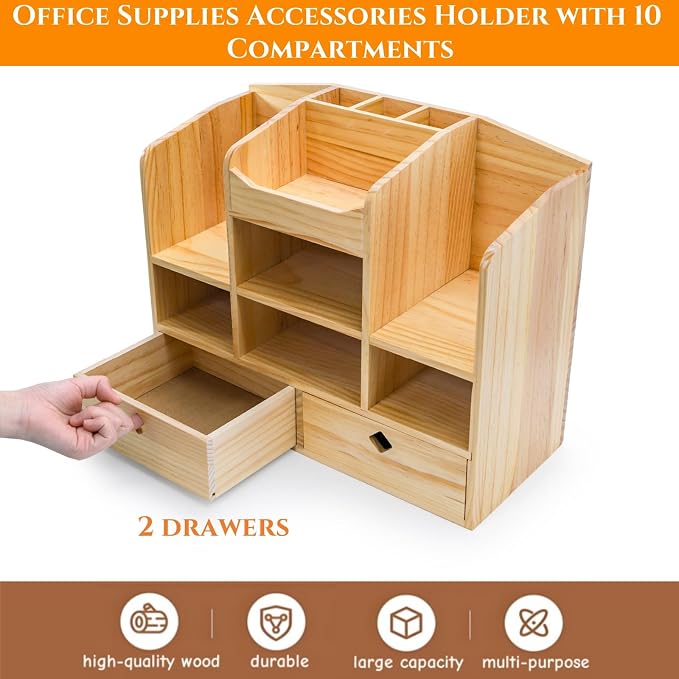 Wooden Desk Organizer with Drawers, 10 Compartments | Countertop Office Supplies Accessories Organization, Multifunctional Storage Box Makeup Storage Shelf Rack for Home, Office