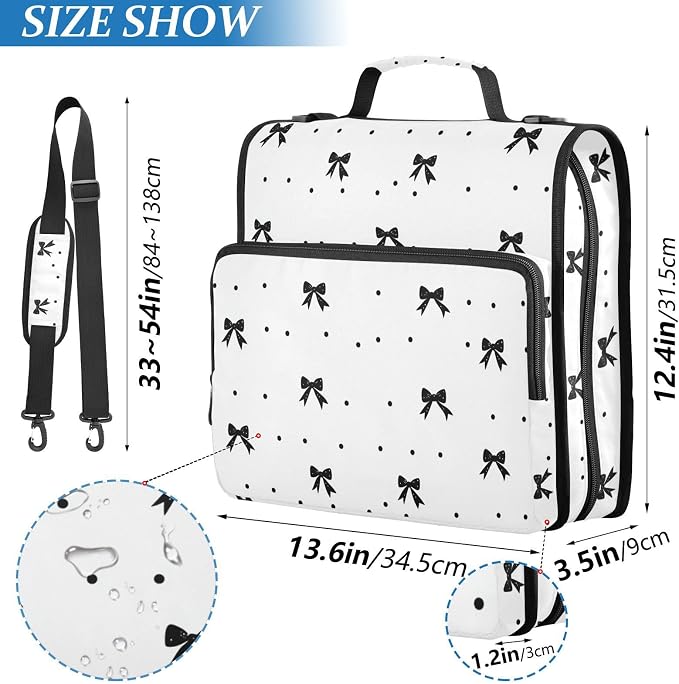 Black Bow Dot White Zipper Binder with Shoulder Strap Trapper Keeper 3 Ring Binder Organizer Large Capacity Multiple Compartments for School Office