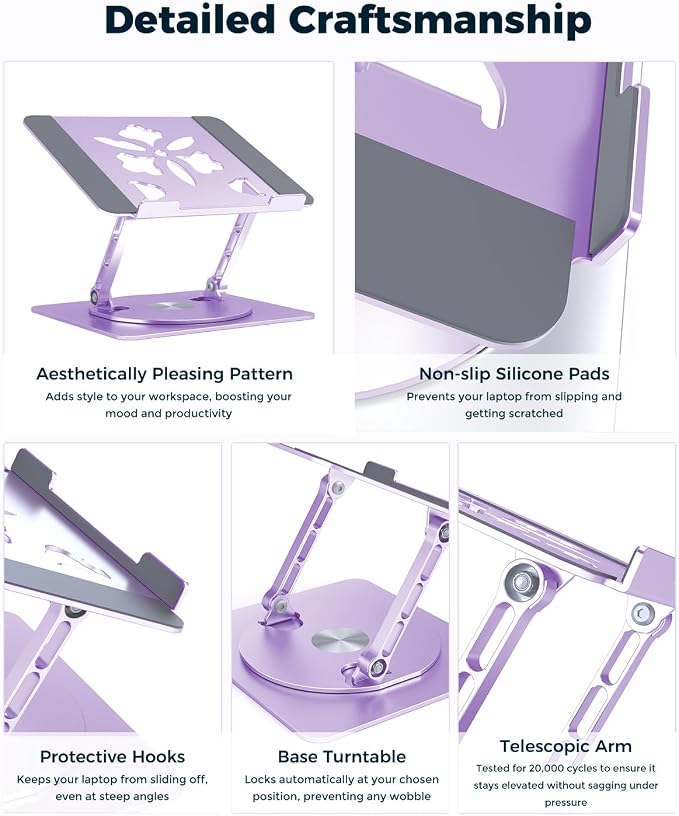 Aoviho 360° Rotating Laptop Stand for Desk | Adjustable, Foldable, Portable Aluminum Ergonomic Riser | Compatible with MacBook, Dell, HP & All Laptops 10-16 inch | Purple