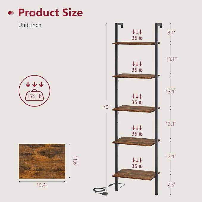 5 Tier Ladder Bookshelf with Light, Wall Ladder Shelf Rustic Brown