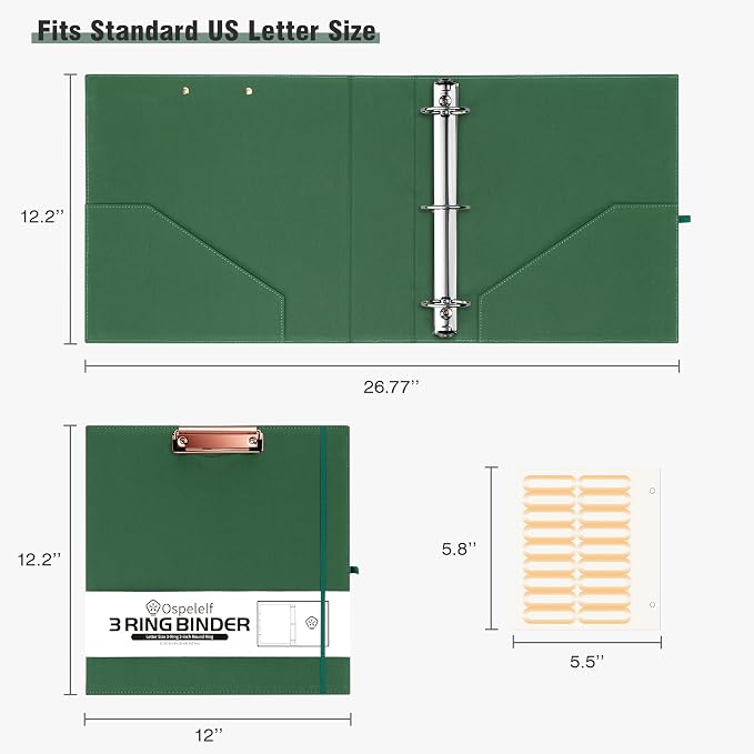 Ospelelf 2 Inch 3 Ring Binder Organizer with Zipper Pouch, Linen Storage Clipboards for Letter Size (11" x 8.5"), 5 Plastic Folders with 10 Pockets, Hardcover School Binder, Green
