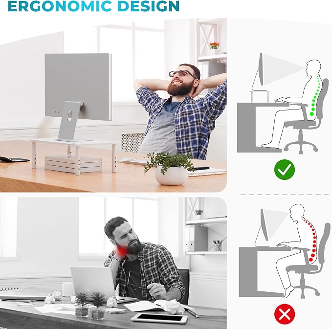 BONTEC Monitor Stand for Desk 2 Pack, 3-Level Height Adjustable, White | 14.5 x 9.1 in Ergonomic Metal Computer Stand with Pen Holder & Cable Management for Printer, Laptop and Office Workstation