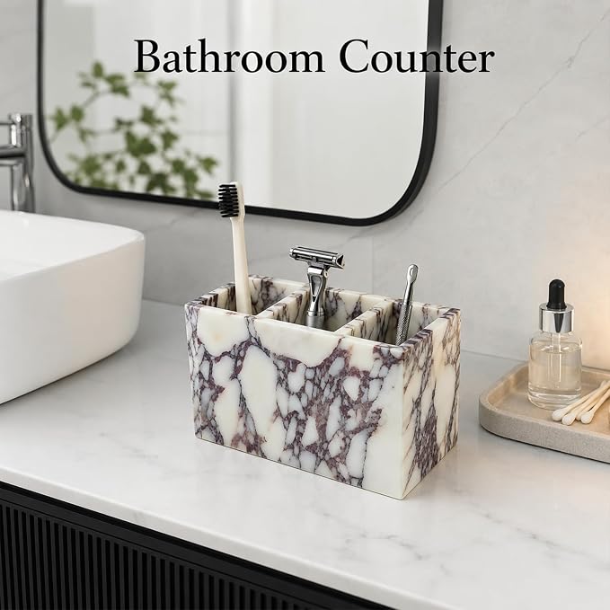 3-Compartment Natural Marble Desk Organizer, 5.91 in | 3-Compartment Natural Marble Organizer for Pens, Brushes and Small Items