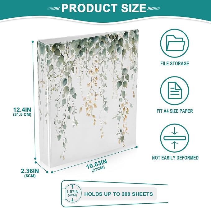 3 Ring Binder Green Sage Leaves 1.5" Round Ring Binders View Binder with 200 Sheet for Women Men Office Kids School Supplies, 1 Pack